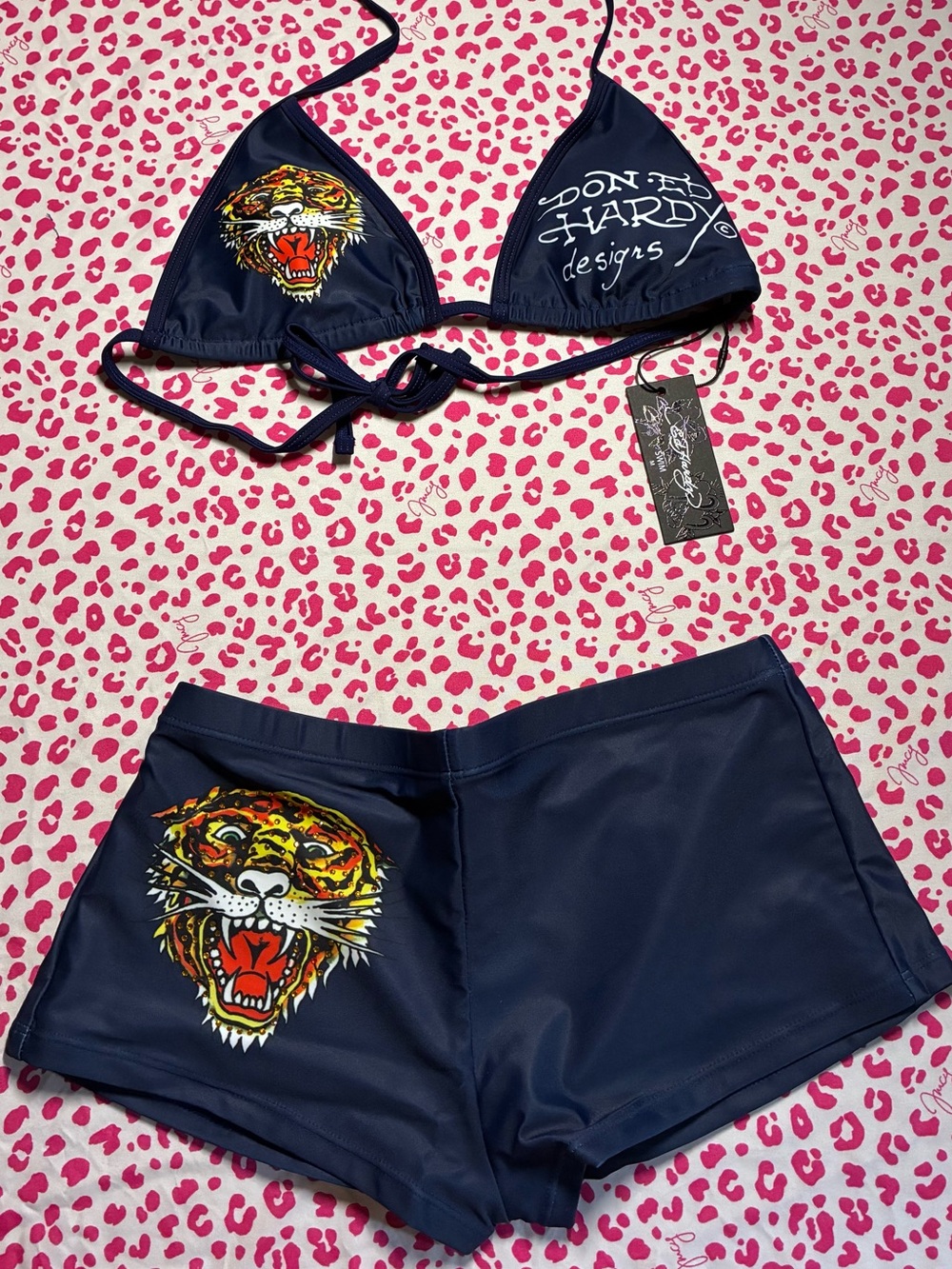 Ed Hardy Navy Bikini Top and Boyshorts with Tiger Graphic